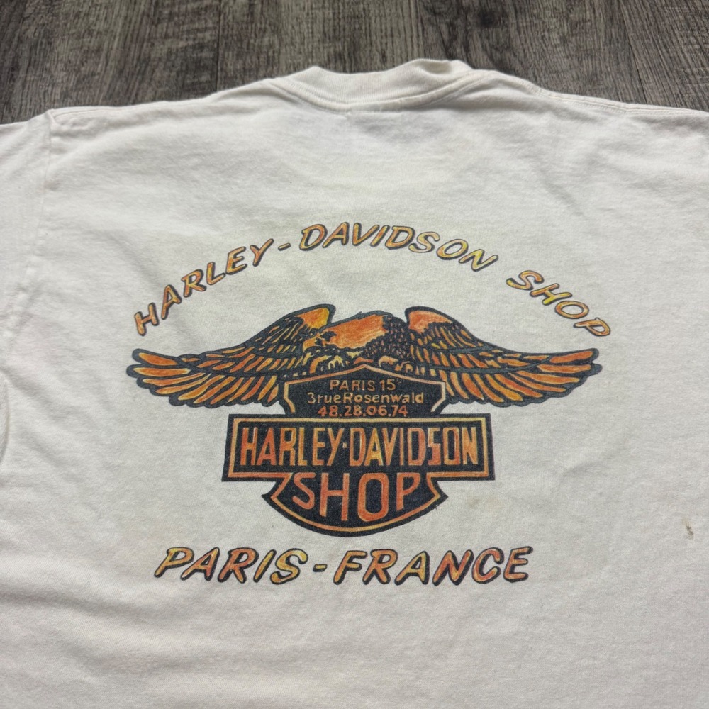 Vintage Harley Davidson Shop Paris France Biker Motorcycle T-Shirt Tee Jerzees - Picture 8 of 8